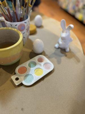 The paint and a ceramic egg and bunny for Easter