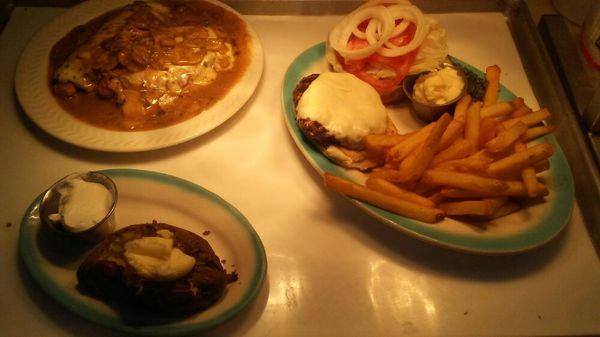 Chicken Romano and Deluxe Cheeseburger and French Fries.