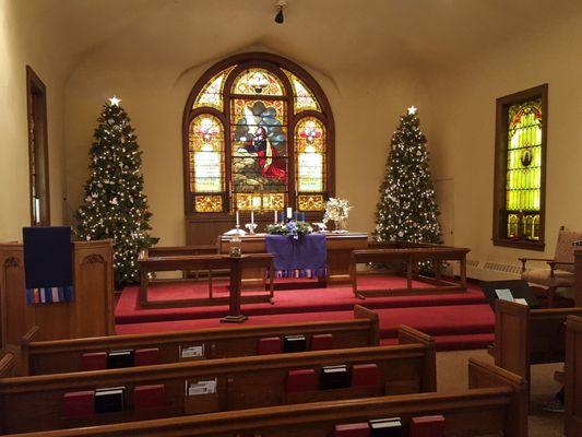 The church dressed up for Christmas.