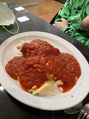 Chicken parmigiana, with ravioli subbed for spaghetti