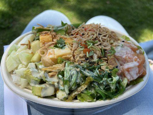 Half rice half lettuce poke bowl with 2 protein