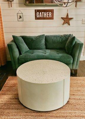 Concrete coffee table with mirror glass embedments. Call us today for your custom item!