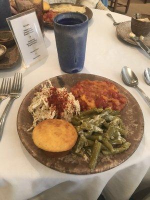 Chicken salad, green beans, McCarty's tomatoes, cornbread. Yum!