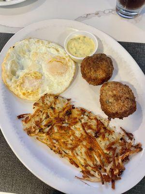 Two Eggs, with Danish meatballs, Annette's "frikadeller", hash browns and wheat toast