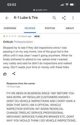 Response from owner to my review on google.