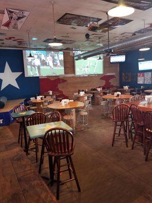 We have 7 tv's including 2 big screen projection tv's.