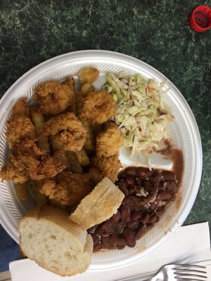 for $8.99 it has fried shrimp, red beans and rice with sausage, coleslaw, french fries and French bread. That's a tremendous deal.