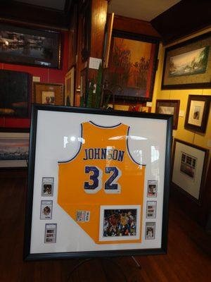 Signed Magic Johnson Jersey, photo and cards.