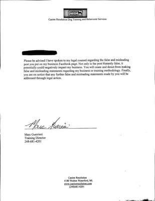 A letter we received from Canine Resolution after a negative Facebook review.