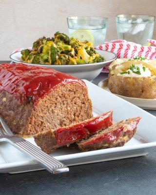 Glazed Meatloaf, Cheddar Broccoli, Baked Potatoes and Chive Sour Cr