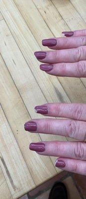 Super thin gel polis resulted in chipped and broken natural nails. Ask for thicker than their normal coat.