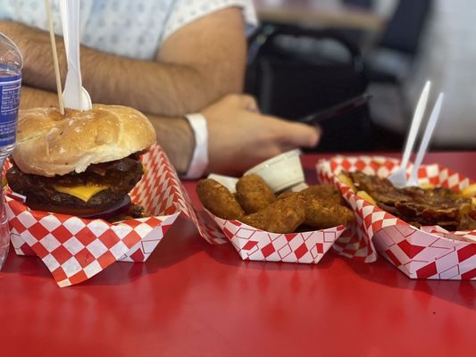 Double cheeseburger, jalapeño poppers, and loaded fries