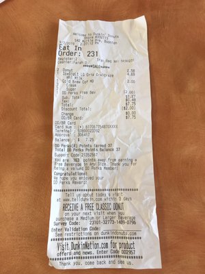 The crumpled receipt out of the trash can by manager. The worst DD store ever.