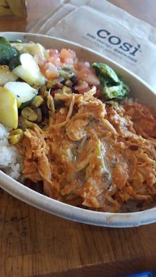 Adobe chicken bowl with avocado.