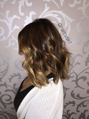 Lightened base color, balayaged highlights and haircut