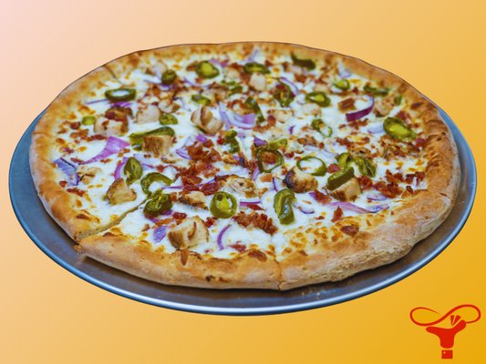 Eataliano Pizza: Fresh shredded mozzarella cheese, White Garlic sauce, Grilled chicken, Bacon, Jalapeño, Red onion.