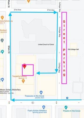 Annor store can only be accessed through the alley behind OK Floral. Here is a pic of the map to help guide you