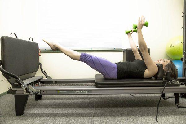 The jumping board adds cardio- aerobic activity to the Pilates workout.