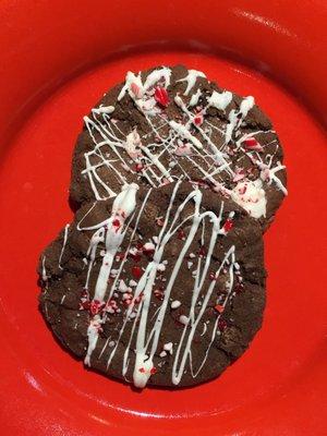 Candy Cane Double Chocolate Chip with White Chocolate glaze! December's Cookie Of The Month.