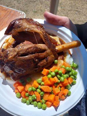 Lamb shank with mashed potatoes and peas and carrots ($18). Very tender lamb.