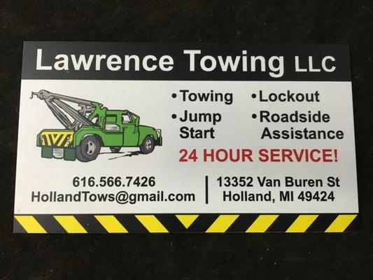 Business card, Lawrence Towing LLC