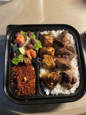 Beef and chicken kabob combo platter