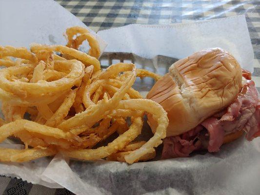 Jr roast beef, sauce, cheese, & mayo with homemade onion rings