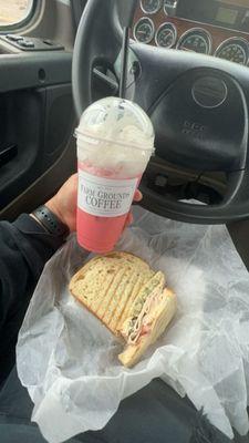 Spicy Turkey Panini & Skittles Redbull.