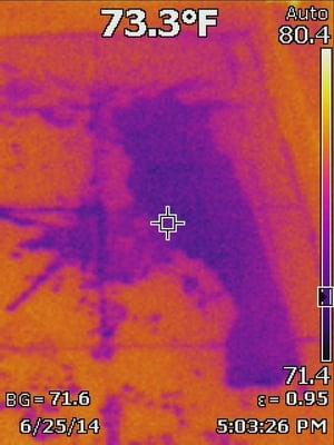 A recent plumbing leak observed through our thermal imaging camera.  This leak wasn't obvious to the naked eye, but was very ...