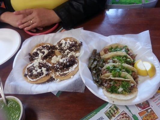 On the left is gorditas which are amazing!!!!! Must try and on the left tacos de carnitas which is pork tacos