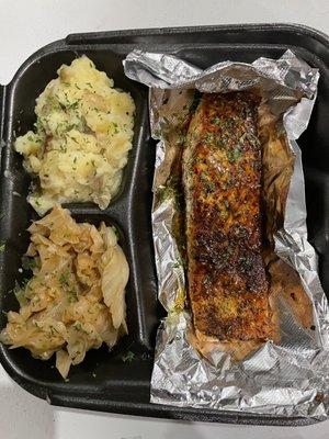 Herb grilled salmon  Garlic mashed potatoes  Cabbage