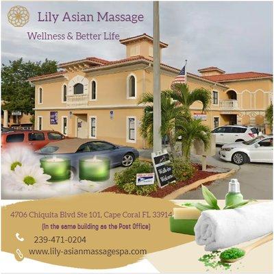 Lily Asian Massage Spa
4706 Chiquita Blvd S Ste 101, Cape Coral FL 33914
(In the same building as the Post Office)