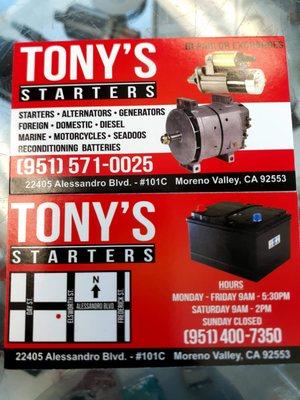 Tonys starters and Alternators