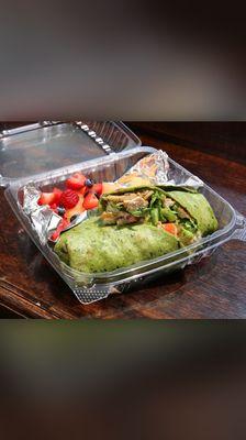 Grilled chicken wrap on organic spinach tortilla and fresh fruits and a drink  $8.99