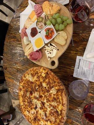 Chicken & bacon pizza, & charcuterie board