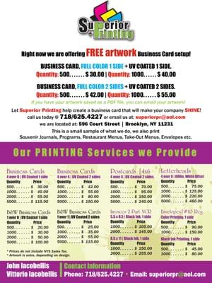 This is our basic prices for Business Cards, Postcards, Envelopes, Letterheads and Invoices (2 part) 3 & 4 part also available.