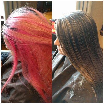 A challenge but rewarding. Colors from DIY & she was ready for change. Before/After photos of color correction.