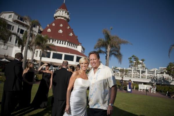 Miles Pelky Standing Next to a Happy Bride at the Hotel Del Coronado in 2012