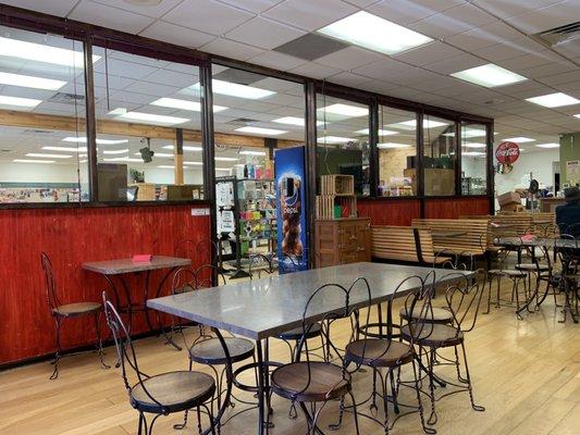 Red table hats denote closed tables during COVID distancing