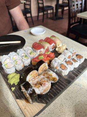 Spicy Tuna w/ Avocado (Crispy), California Roll, Shrimp Tempura Roll, Salmon