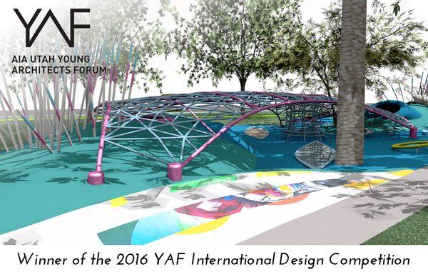 Rendering of park redesign that won first place in the 2016 YAF international design competition for Lester park in downtown Ogden, UT