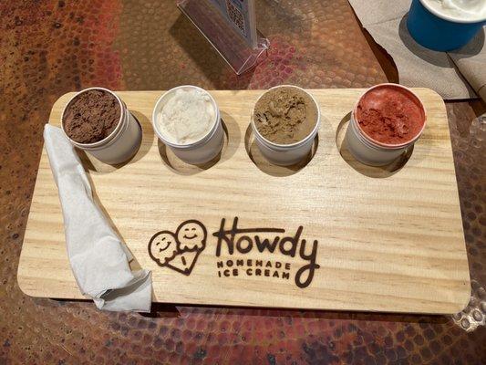 Ice cream flight Chocolate Peanut Butter, Peppermint Bark Cookie Dough, Salted Caramel, Red Velvet  Key lime in the cup