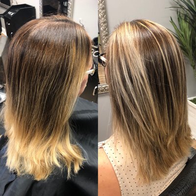 Before and after of a balayage retouch.