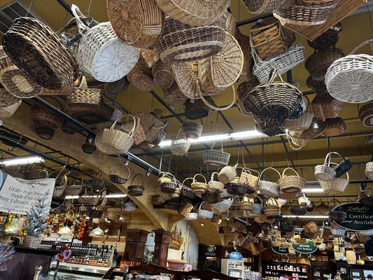 Wicker baskets hanging from the ceiling