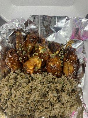 Honey jerk wings 
Rice and beans combo 
One of our top selling