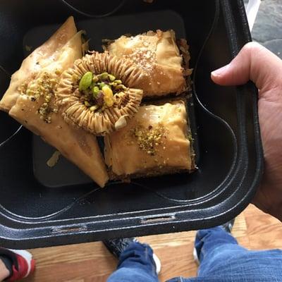 Chocolate Baklava, Mixed Nuts Baklava, Warbat, and a Pistachio Pastry