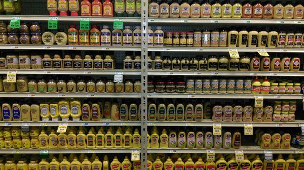 Lots of different mustard choices, not even sure I got everything in the picture