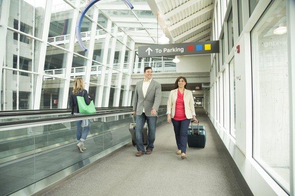 Take our sky walk from the airport parking garage to the main terminal.