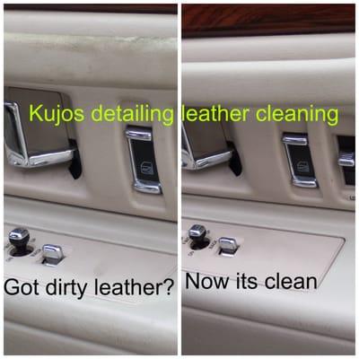 Before and after view of leather cleaning of the drivers side door panel.