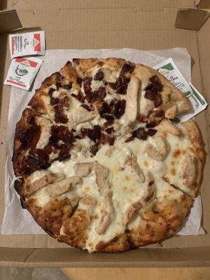 Chicken Ranch 12" pizza with bacon added on half